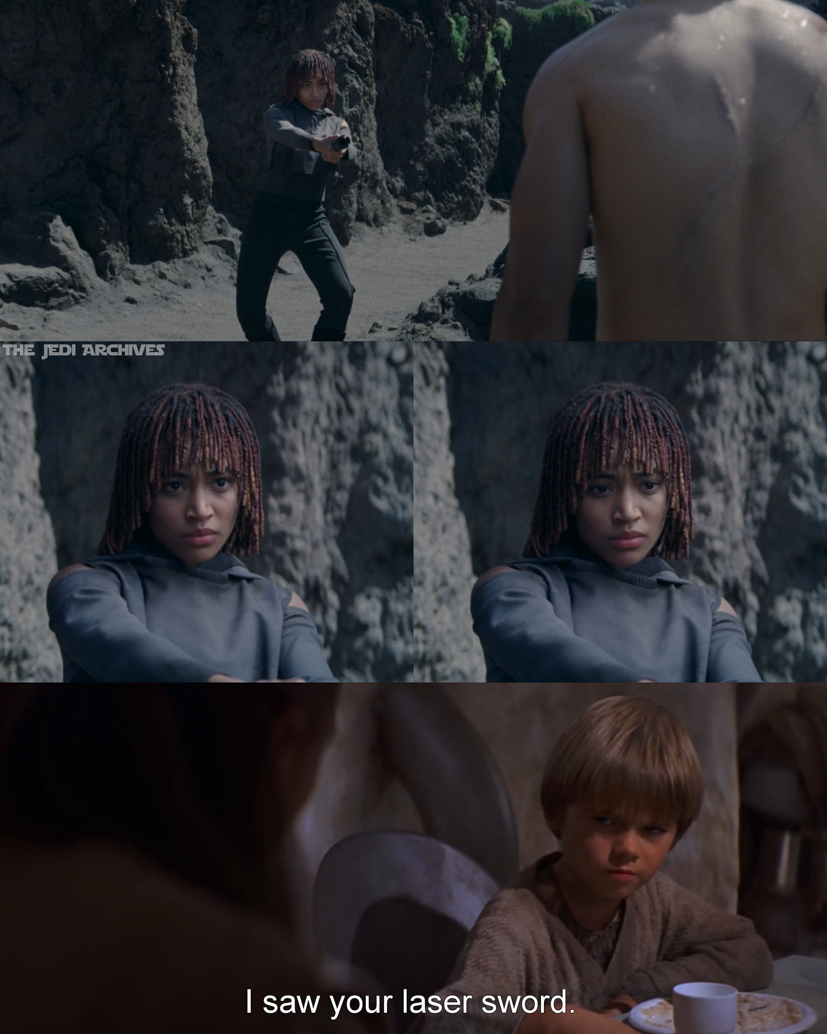 This meme is a still image from the movie "Star Wars: The Last Jedi" where a young boy named Poe Dameron is being interrogated by a stormtrooper. The meme is captioned "I see you have a lightsaber" and is followed by "I see your laser pointer".